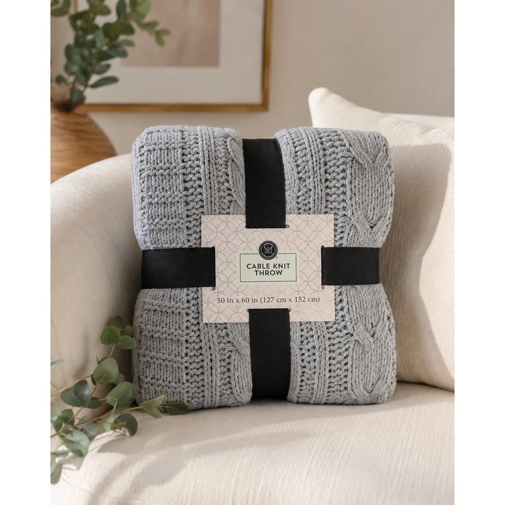 Modern Expressions Cable Knit Throw Blanket Gray 50x60 Cozy Soft New w/ Tags
